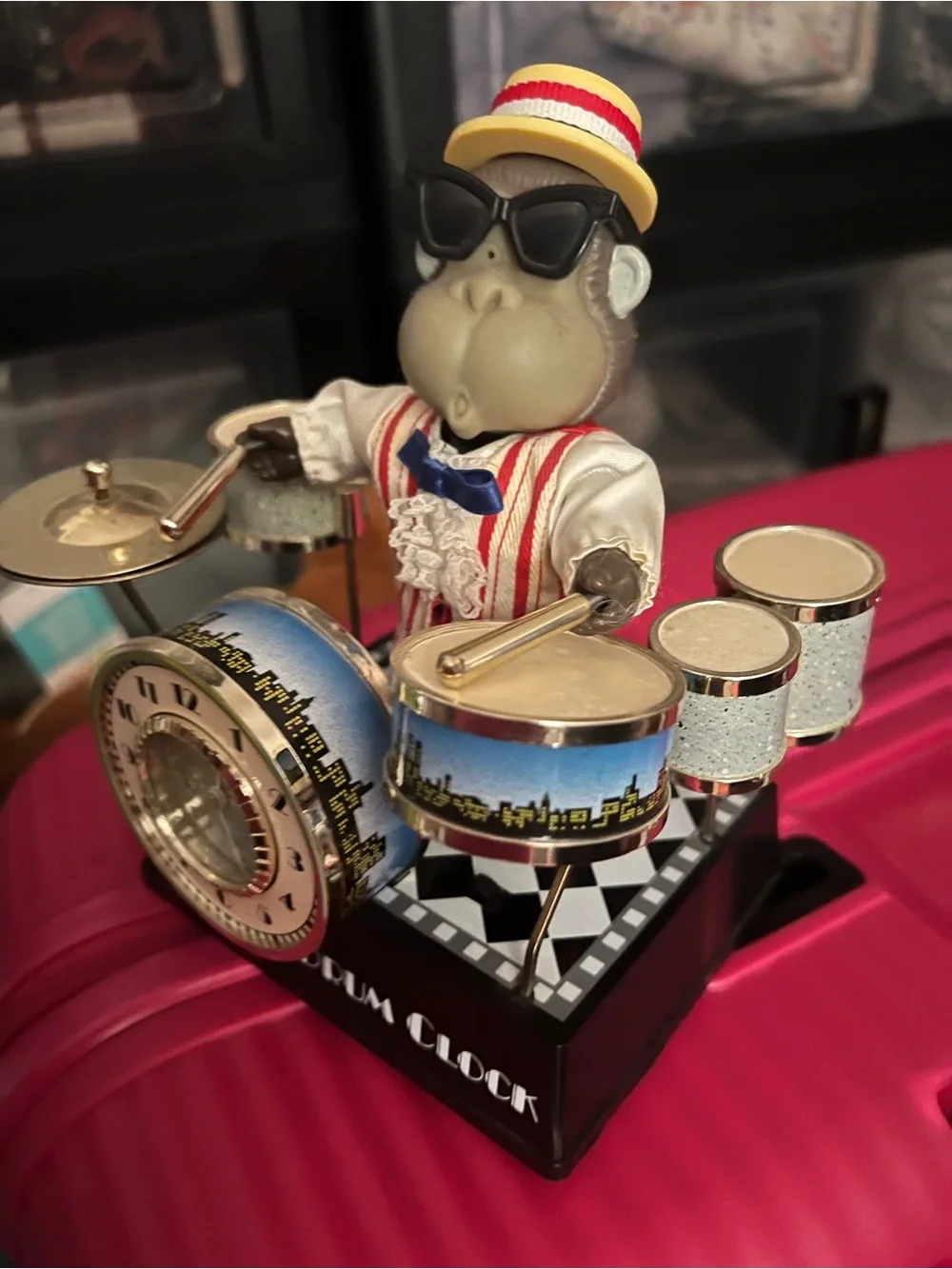 Vintage Animated Monkey Drummer Drum Clock Novelty Musical Motion Clock